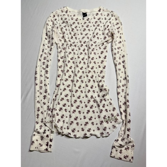 Obey Tops - OBEY Y2K White Henley Long Sleeve Nautical Print Skater Top Alternative Surf